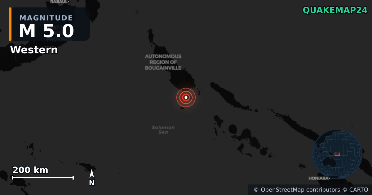 M5.0 earthquake near Western on Oct 19, 2025 — map of epicenter and shaking intensity | QuakeMap24