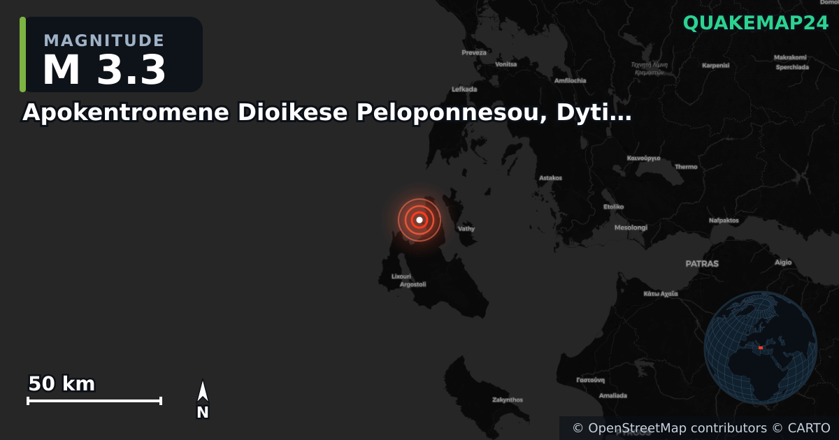 M3.3 earthquake near Apokentromene Dioikese Peloponnesou, Dytikes Elladas kai Ioniou on Sep 17, 2025 — map of epicenter and shaking intensity | QuakeMap24