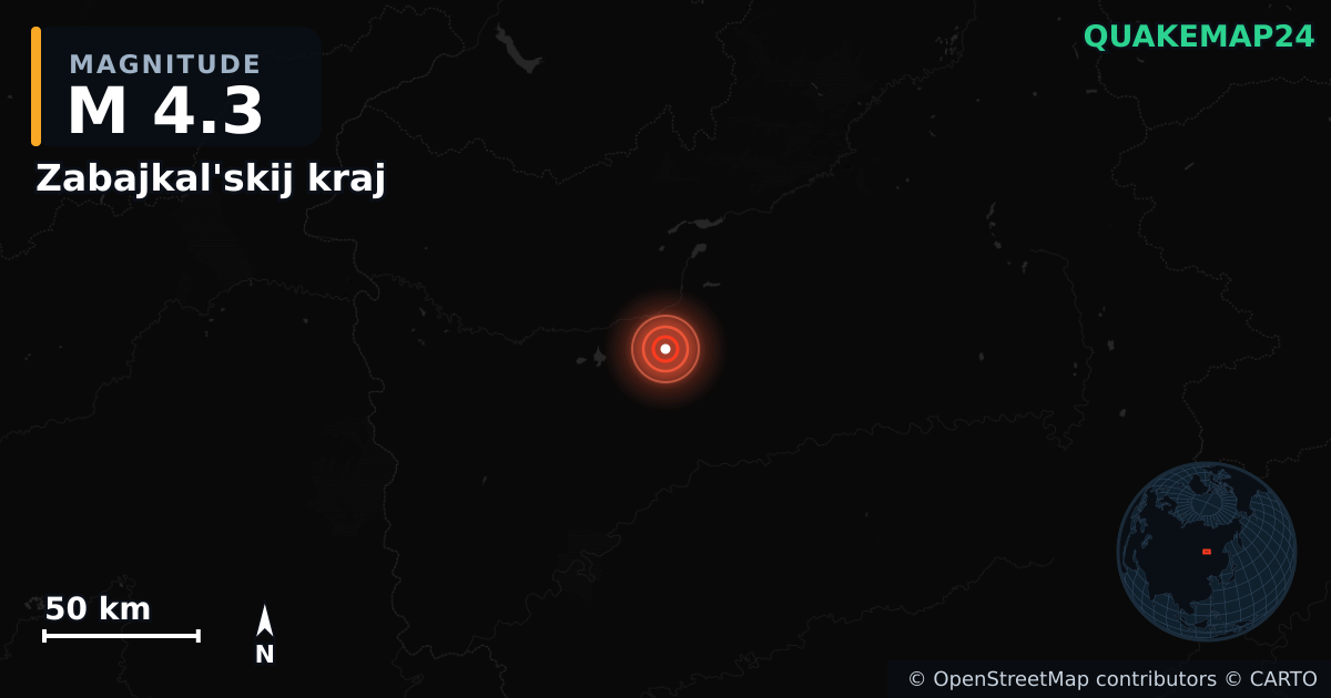 M4.3 earthquake near Zabajkal'skij kraj on May 18, 2025 — map of epicenter and shaking intensity | QuakeMap24