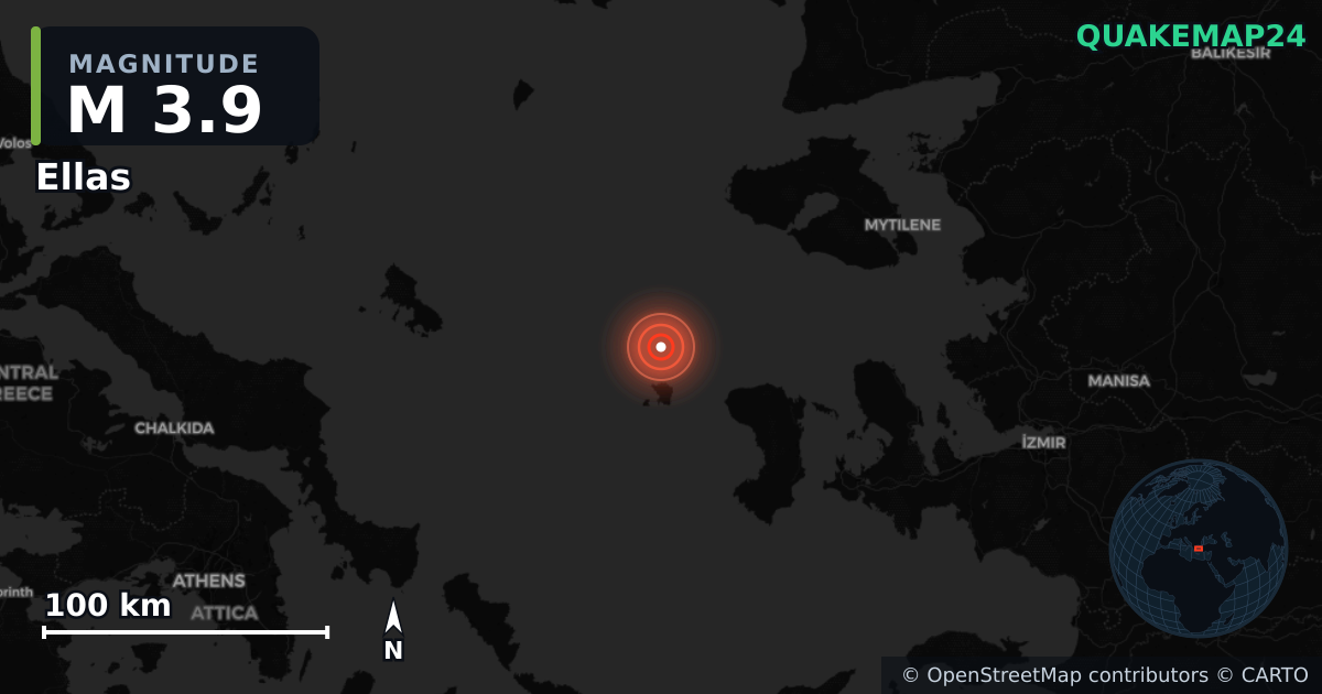 M3.9 earthquake near Ellas on Sep 22, 2025 — map of epicenter and shaking intensity | QuakeMap24