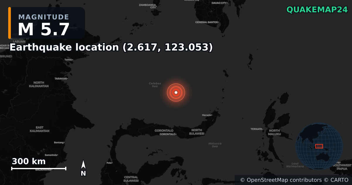 M5.7 earthquake near Deprem konumu (2.617, 123.053) on Apr 2, 2026 — map of epicenter and shaking intensity | QuakeMap24