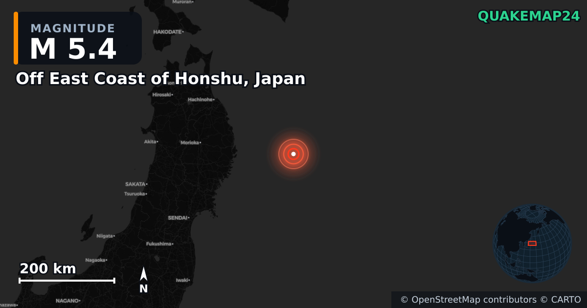 M5.4 earthquake near Off East Coast of Honshu, Japan on Nov 9, 2025 — map of epicenter and shaking intensity | QuakeMap24