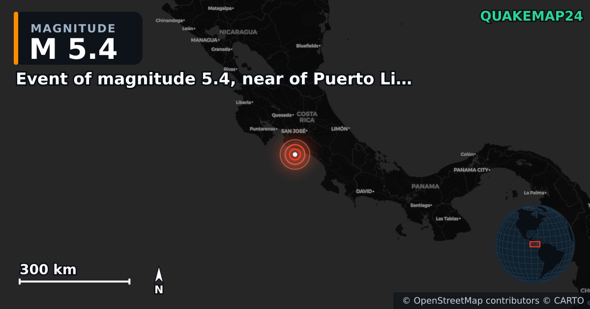 M5.4 earthquake near Event of magnitude 5.4, near of Puerto Limon (Monde) on Oct 22, 2025 — map of epicenter and shaking intensity | QuakeMap24