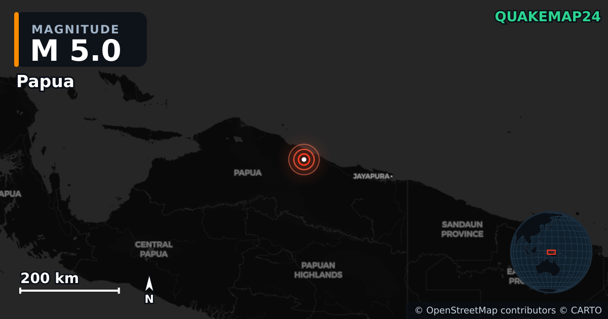 M5.0 earthquake near Papua on Oct 16, 2025 — map of epicenter and shaking intensity | QuakeMap24