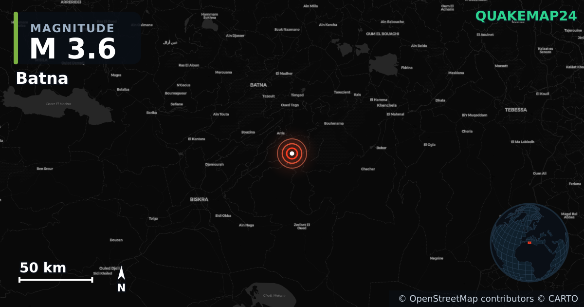 M3.6 earthquake near Batna on Oct 19, 2025 — map of epicenter and shaking intensity | QuakeMap24