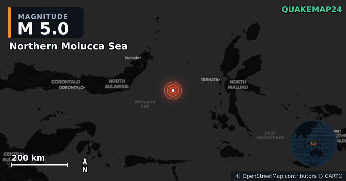 M5.0 earthquake near Northern Molucca Sea on May 27, 2026 — map of epicenter and shaking intensity | QuakeMap24