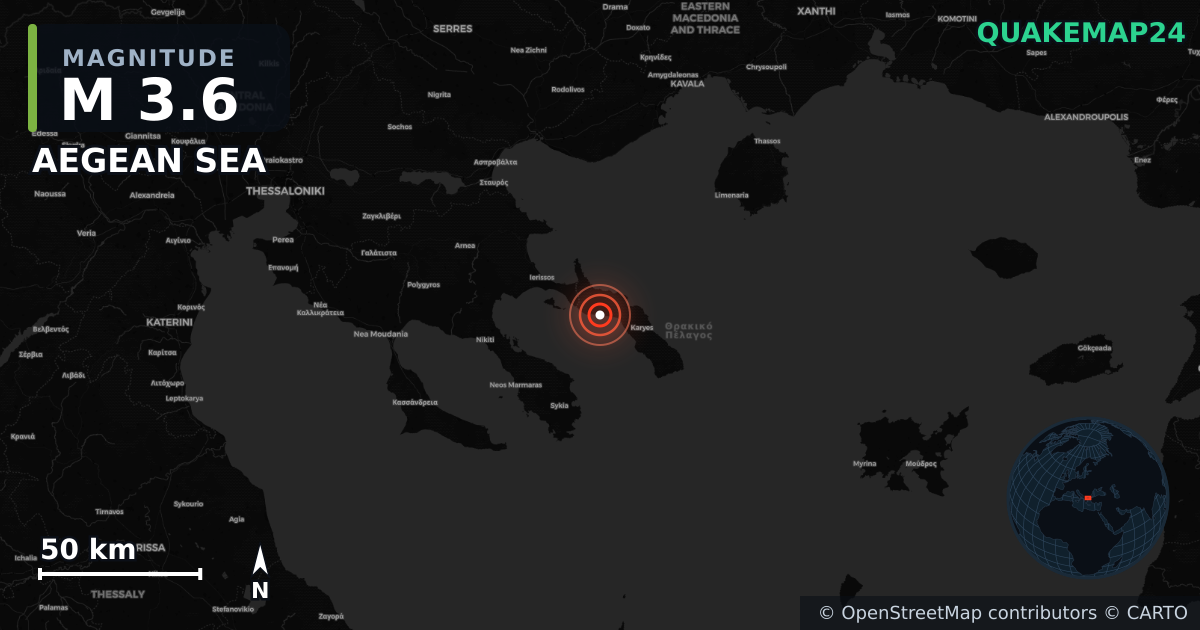 M3.6 earthquake near AEGEAN SEA on Jun 12, 2025 — map of epicenter and shaking intensity | QuakeMap24
