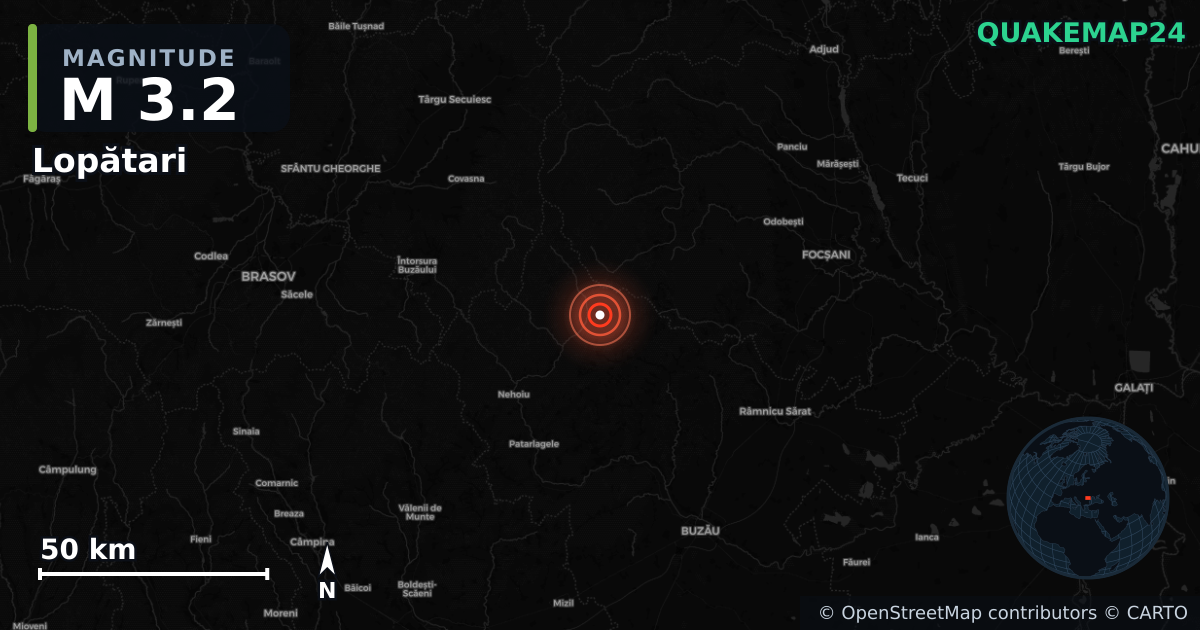 M3.2 earthquake near Lopătari on Jul 24, 2026 — map of epicenter and shaking intensity | QuakeMap24