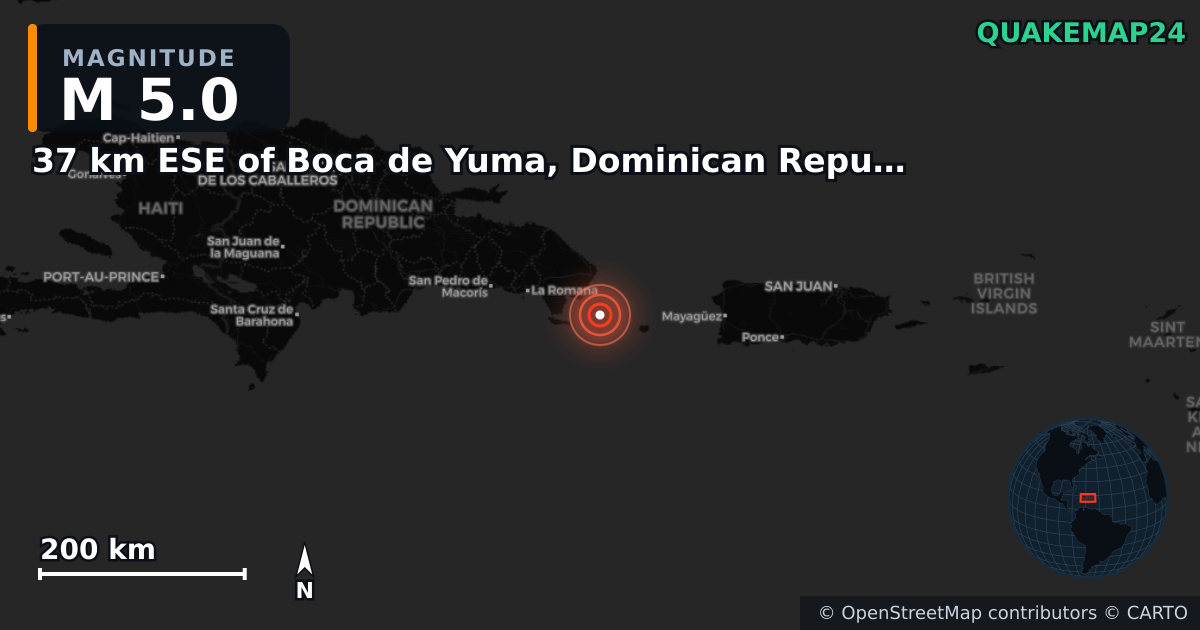 M5.0 earthquake near 37 km ESE of Boca de Yuma, Dominican Republic on Aug 5, 2025 — map of epicenter and shaking intensity | QuakeMap24