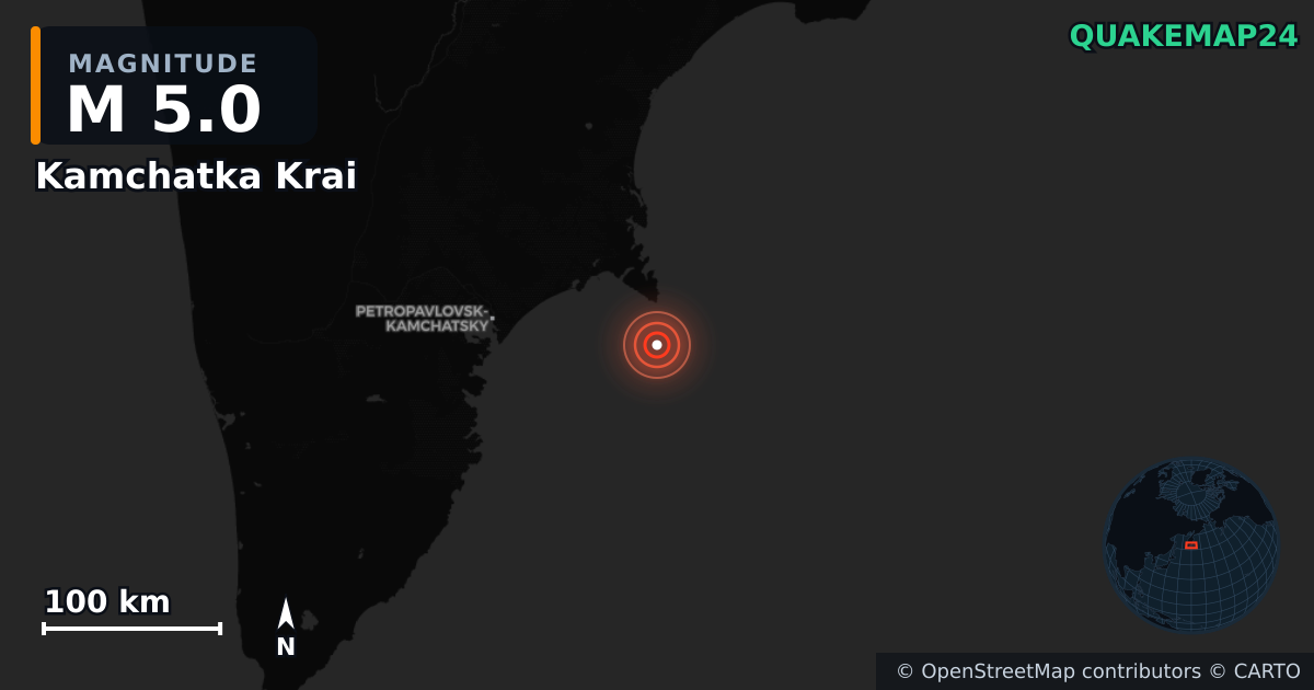 M5.0 earthquake near Kamchatka Krai on Jun 19, 2026 — map of epicenter and shaking intensity | QuakeMap24