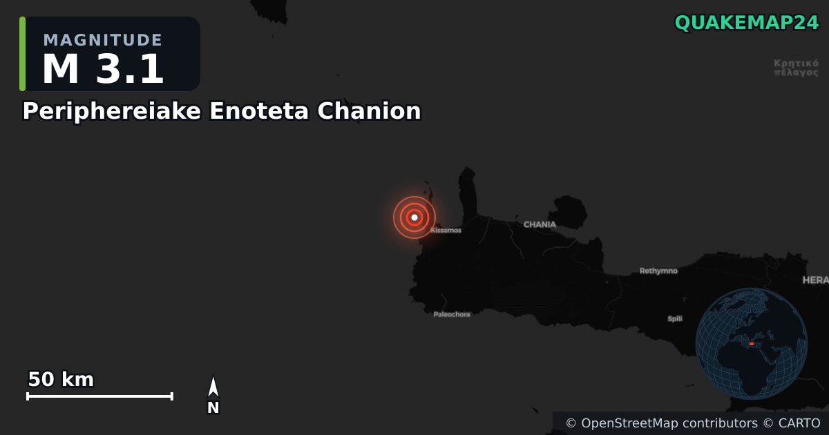 M3.1 earthquake near Periphereiake Enoteta Chanion on Jan 15, 2026 — map of epicenter and shaking intensity | QuakeMap24