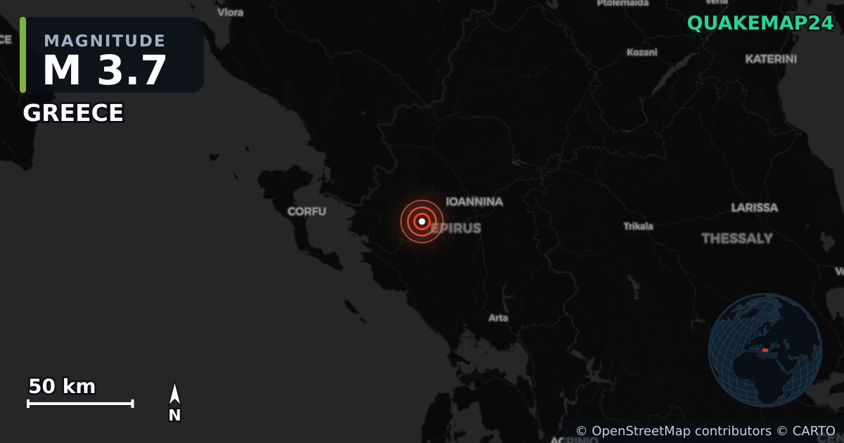M3.7 earthquake near GREECE on Mar 20, 2026 — map of epicenter and shaking intensity | QuakeMap24