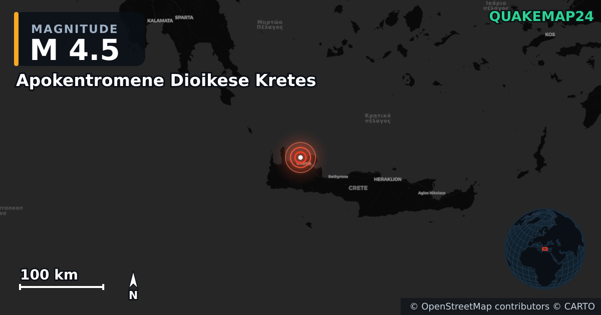 M4.5 earthquake near Apokentromene Dioikese Kretes on Nov 25, 2025 — map of epicenter and shaking intensity | QuakeMap24