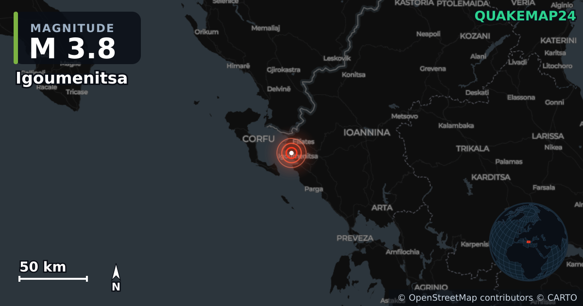 Erdbeben M3,8 bei Igoumenitsa, Epirus (Griechenland) · 2026-10-27 — Karte der Lage des Epizentrums