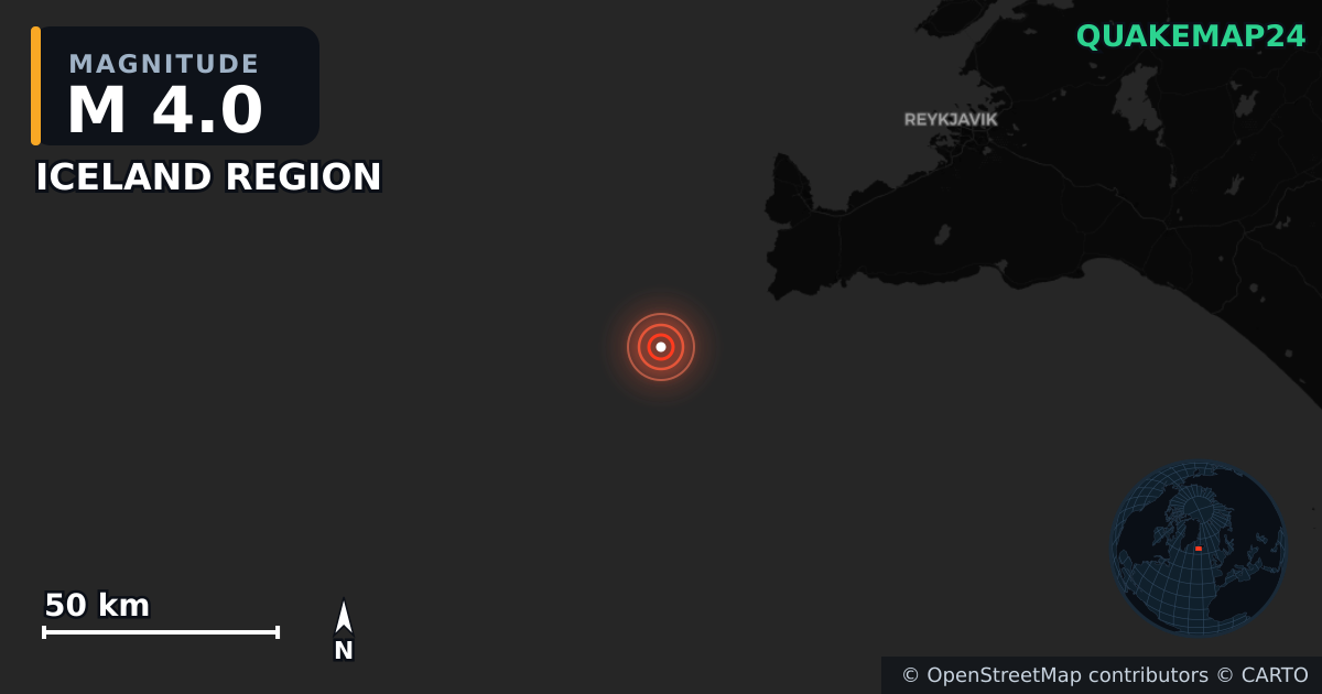 M4.0 earthquake near ICELAND REGION on May 24, 2025 — map of epicenter and shaking intensity | QuakeMap24
