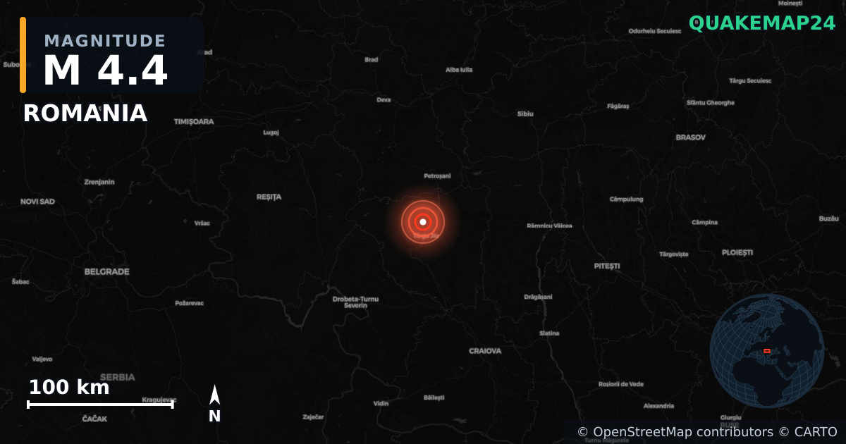 M4.4 earthquake near ROMANIA on Aug 22, 2025 — map of epicenter and shaking intensity | QuakeMap24