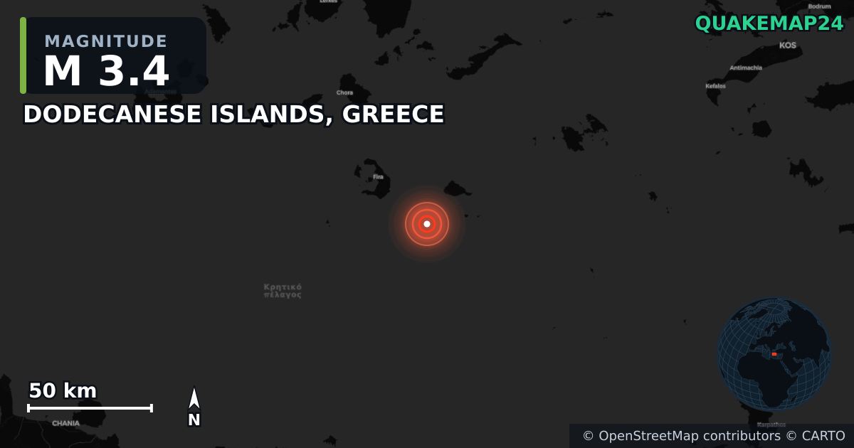 M3.4 earthquake near DODECANESE ISLANDS, GREECE on Dec 17, 2025 — map of epicenter and shaking intensity | QuakeMap24