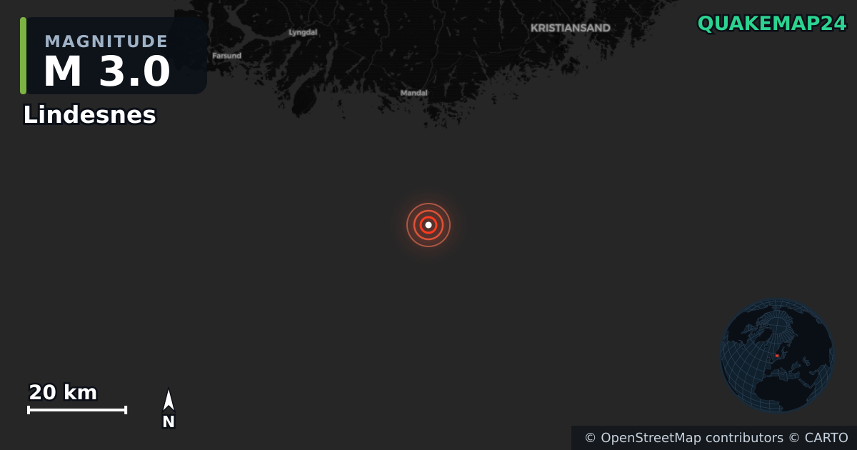 M3.0 earthquake near Lindesnes on Feb 19, 2025 — map of epicenter and shaking intensity | QuakeMap24
