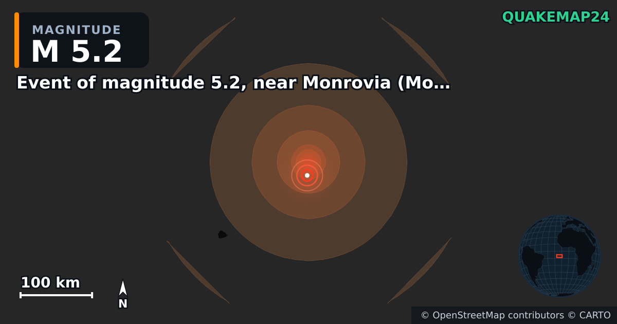 M5.2 earthquake near Event of magnitude 5.2, near Monrovia (Monde) on Jun 20, 2026 — map of epicenter and shaking intensity | QuakeMap24