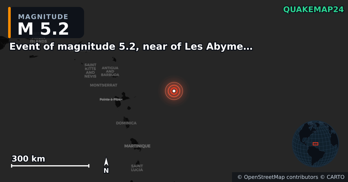 M5.2 Earthquake near Event of magnitude 5.2, near of Les Abymes (Les Antilles) · 2025-10-27 — Map showing the location of the epicenter