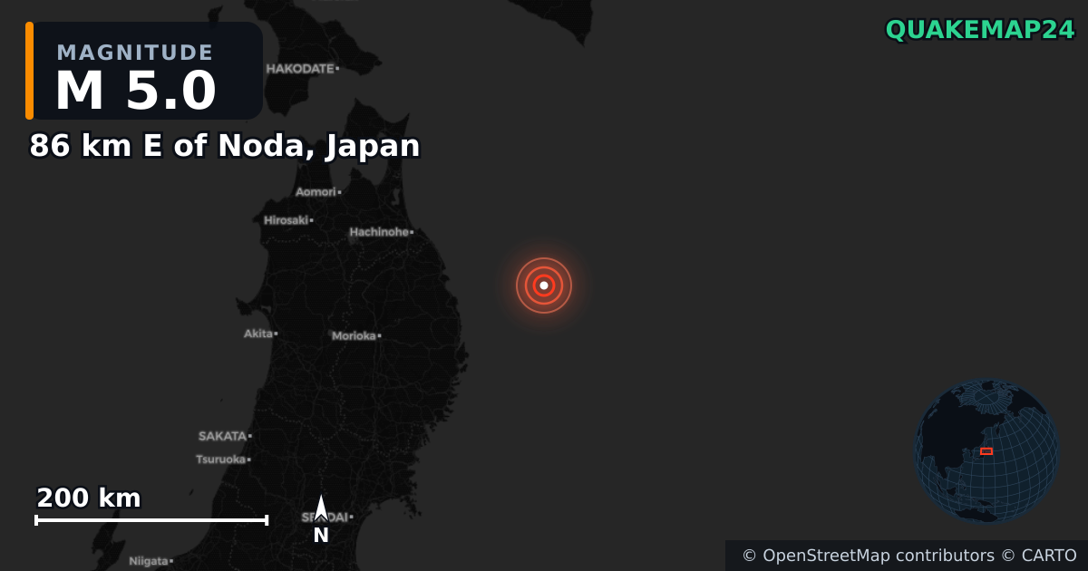 M5.0 earthquake near 86 km E of Noda, Japan on Apr 24, 2026 — map of epicenter and shaking intensity | QuakeMap24