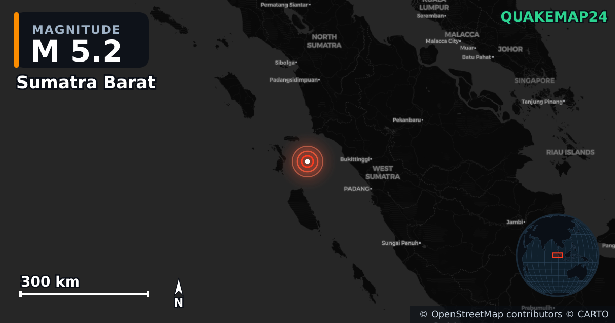 M5.2 earthquake near Sumatra Barat on Feb 22, 2026 — map of epicenter and shaking intensity | QuakeMap24
