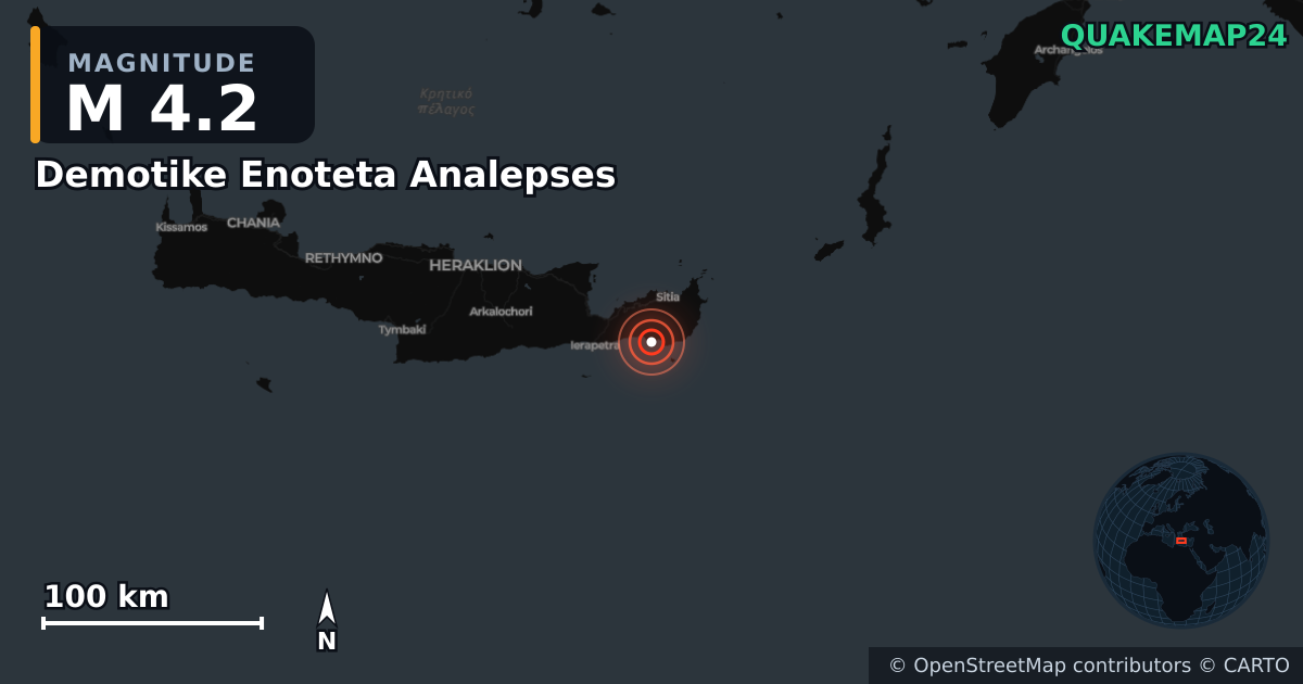 Σεισμός M4,2 κοντά στο Δημοτική Ενότητα Ανάληψης, Περιφέρεια Κρήτης (Ελλάδα) · 2026-04-24 — Χάρτης της θέσης του επικέντρου