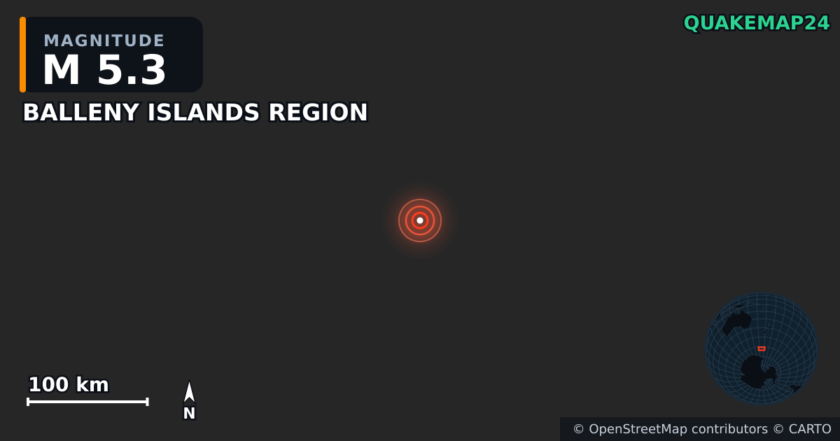 M5.3 earthquake near BALLENY ISLANDS REGION on Aug 19, 2025 — map of epicenter and shaking intensity | QuakeMap24