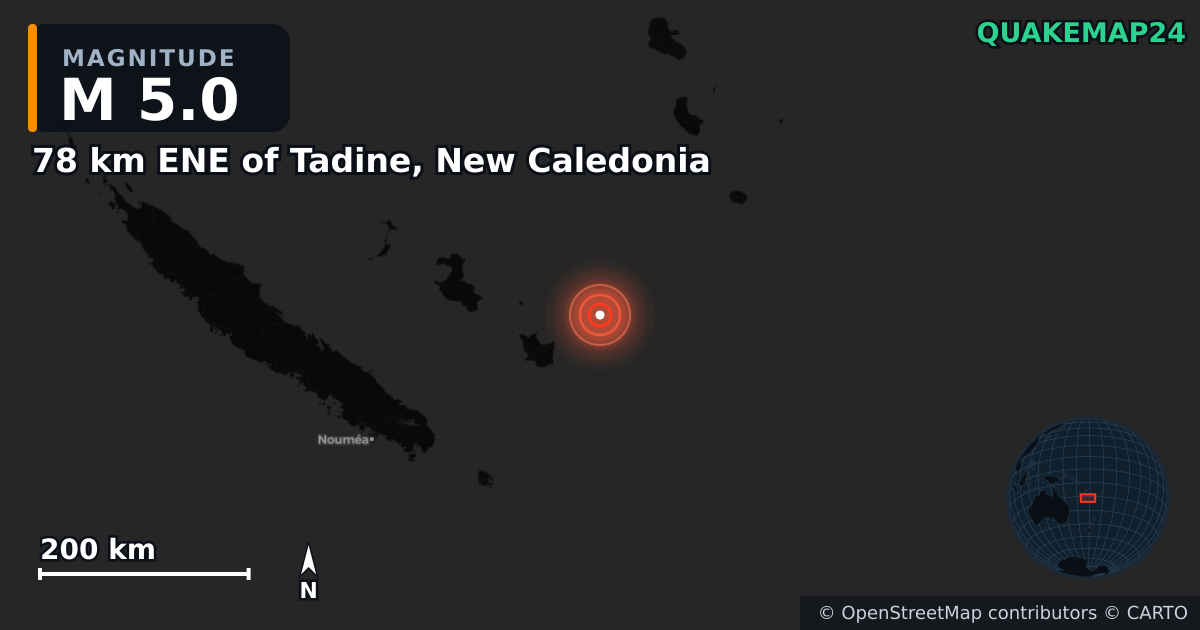 M5.0 Earthquake near 78 km ENE of Tadine, New Caledonia · 2026-09-26 — Map showing the location of the epicenter