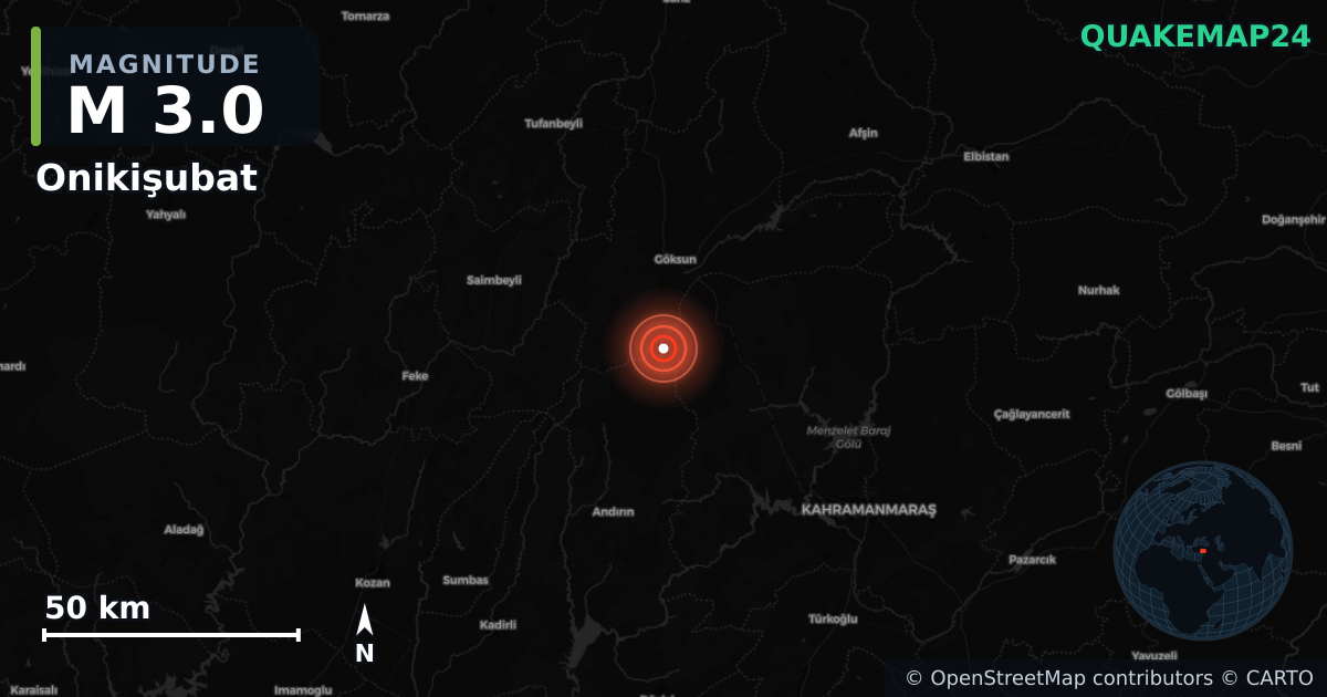 M3.0 earthquake near Onikişubat on Apr 17, 2026 — map of epicenter and shaking intensity | QuakeMap24