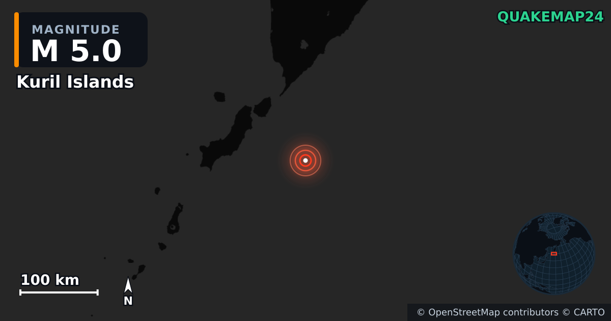 M5.0 earthquake near Kuril Islands on Oct 16, 2025 — map of epicenter and shaking intensity | QuakeMap24