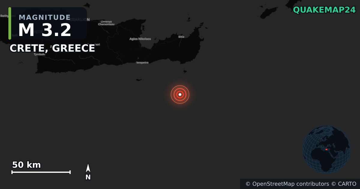M3.2 earthquake near CRETE, GREECE on Jun 17, 2026 — map of epicenter and shaking intensity | QuakeMap24
