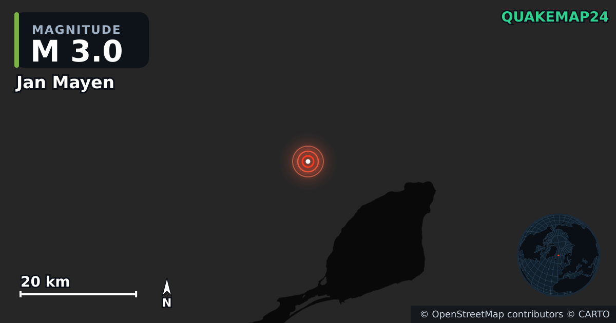 M3.0 earthquake near Jan Mayen on Jul 8, 2026 — map of epicenter and shaking intensity | QuakeMap24