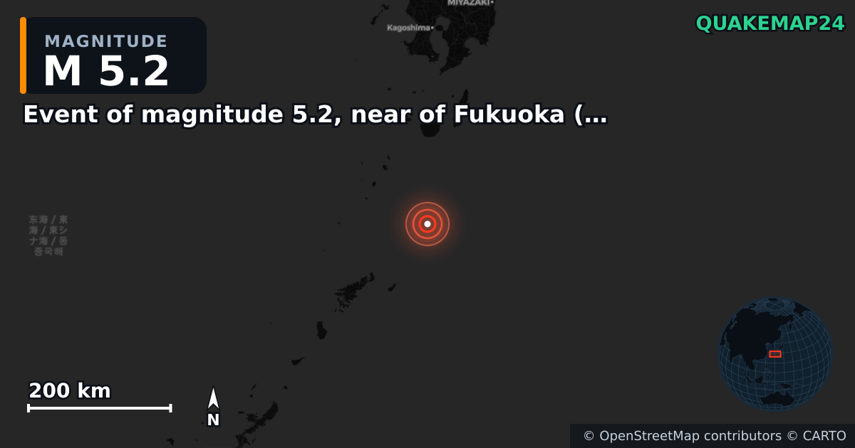 M5.2 earthquake near Event of magnitude 5.2, near of Fukuoka (Monde) on Feb 18, 2026 — map of epicenter and shaking intensity | QuakeMap24