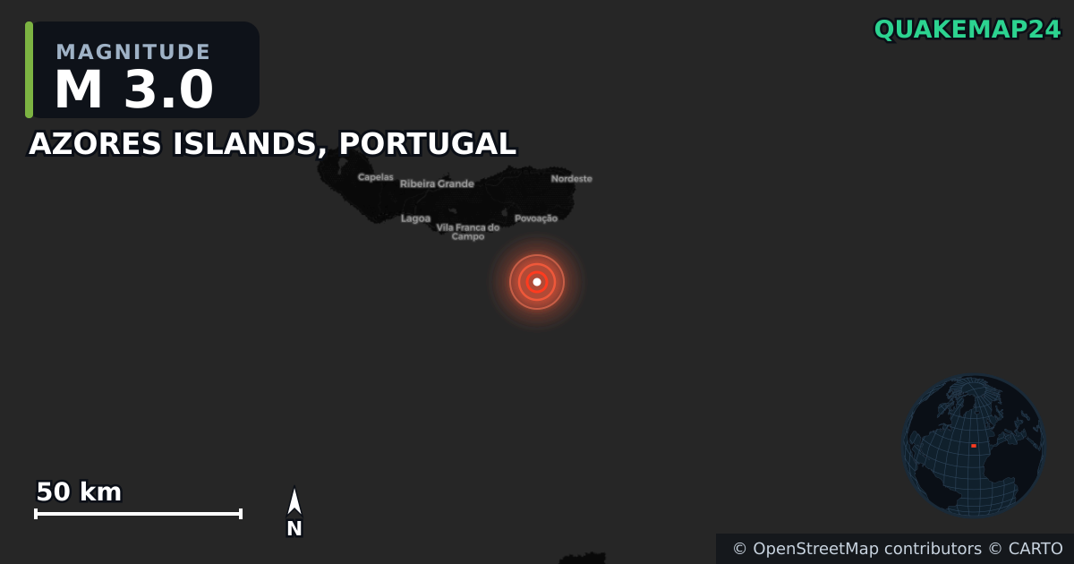 M3.0 earthquake near AZORES ISLANDS, PORTUGAL on Jun 6, 2025 — map of epicenter and shaking intensity | QuakeMap24