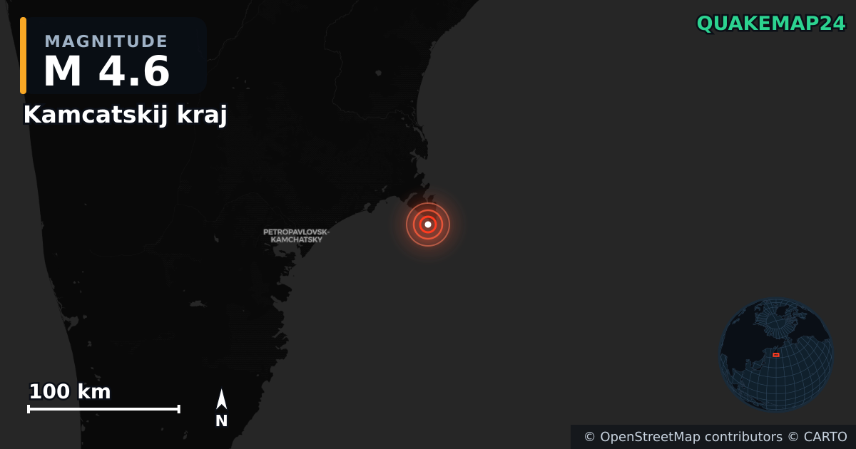 M4.6 earthquake near Kamcatskij kraj on Sep 26, 2025 — map of epicenter and shaking intensity | QuakeMap24