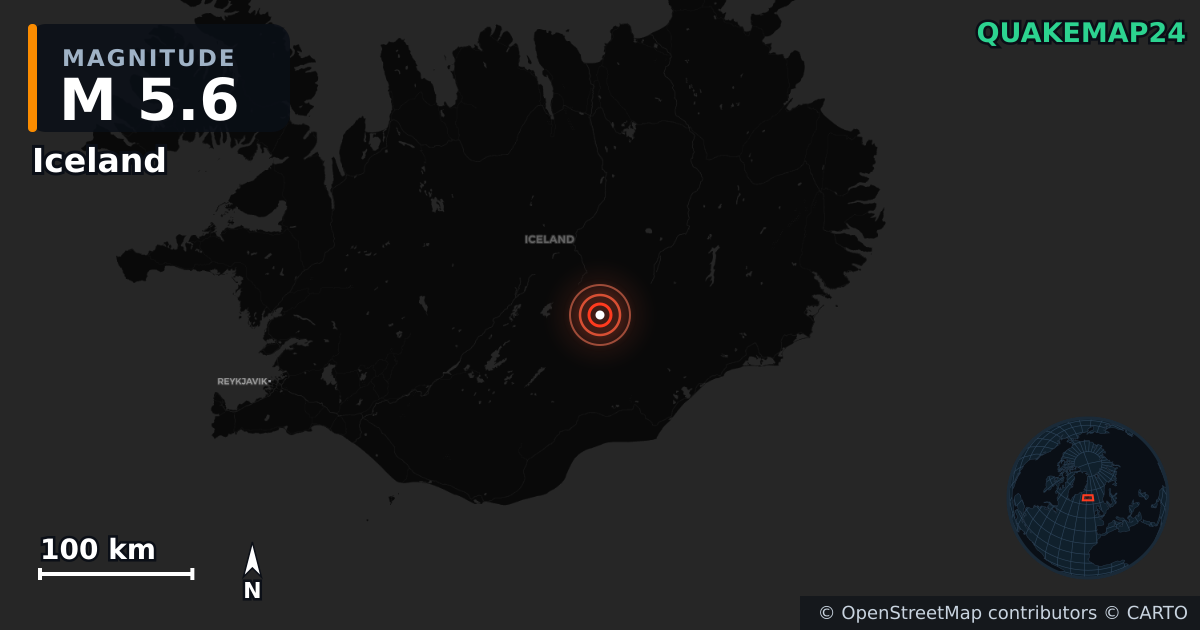 M5.6 earthquake near Iceland on Oct 29, 2025 — map of epicenter and shaking intensity | QuakeMap24