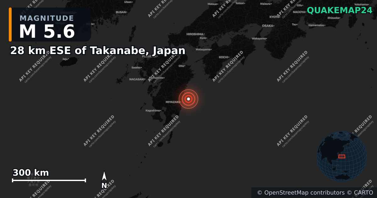 M5.6 earthquake near 28 km ESE of Takanabe, Japan on Aug 16, 2025 — map of epicenter and shaking intensity | QuakeMap24