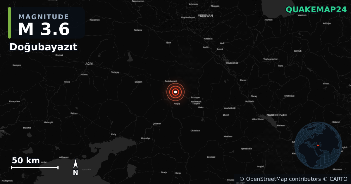 M3.6 earthquake near Doğubayazıt on Jan 29, 2026 — map of epicenter and shaking intensity | QuakeMap24