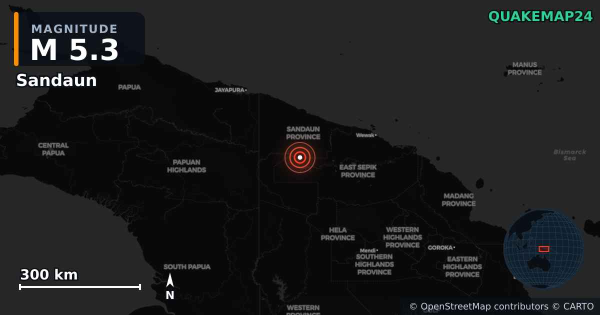 M5.3 earthquake near Sandaun on Jul 6, 2025 — map of epicenter and shaking intensity | QuakeMap24