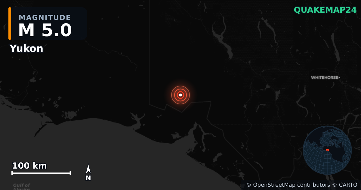 M5.0 earthquake near Yukon on Dec 7, 2025 — map of epicenter and shaking intensity | QuakeMap24