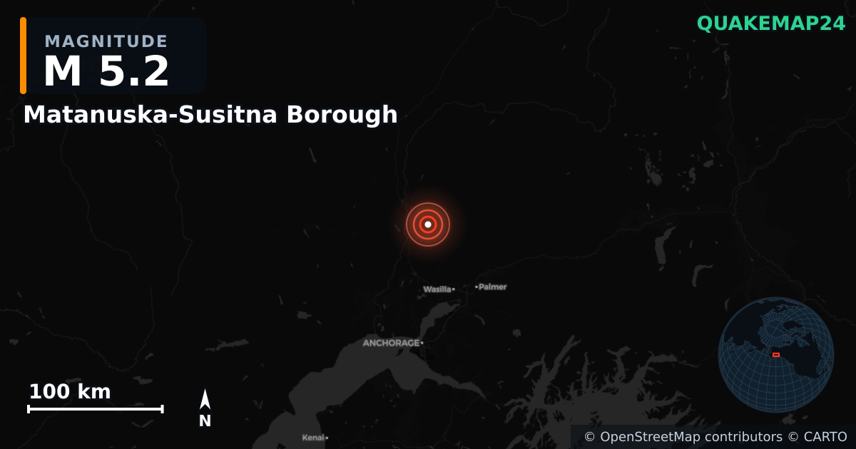 M5.2 earthquake near Matanuska-Susitna Borough on Feb 10, 2026 — map of epicenter and shaking intensity | QuakeMap24