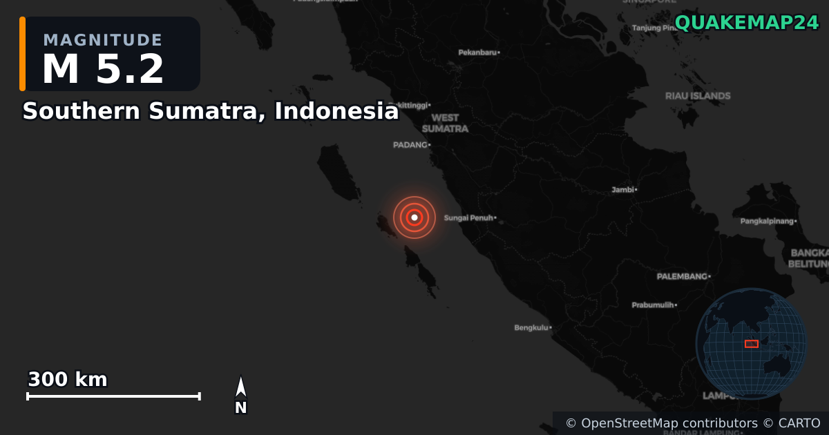 M5.2 earthquake near Southern Sumatra, Indonesia on Apr 4, 2026 — map of epicenter and shaking intensity | QuakeMap24