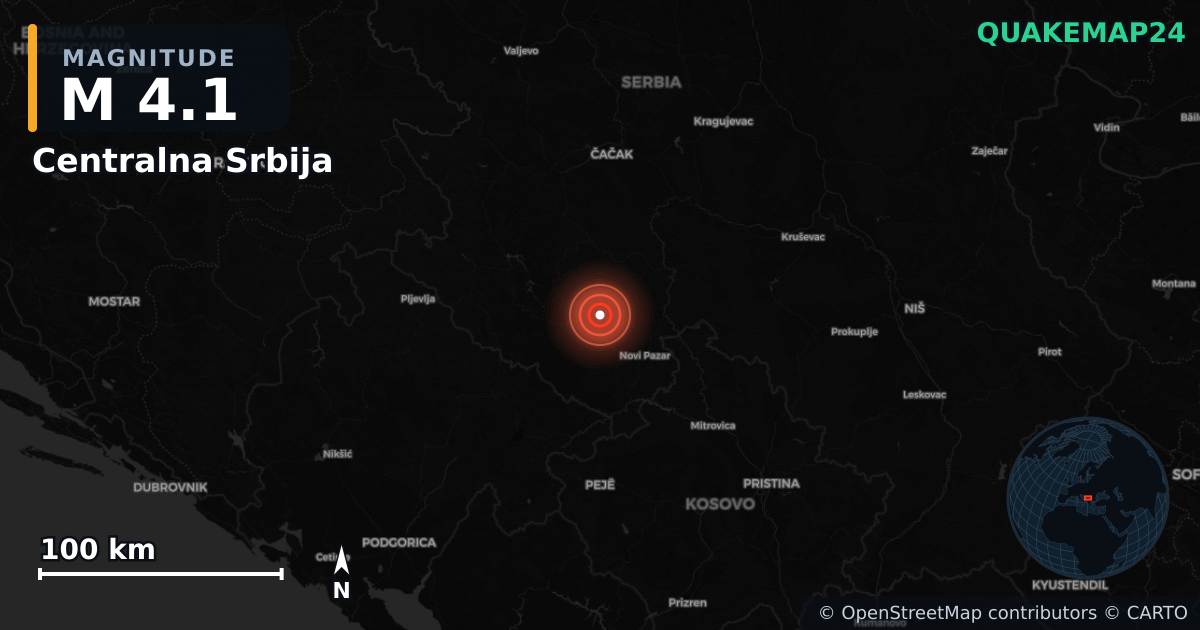 M4.1 earthquake near Centralna Srbija on Sep 5, 2025 — map of epicenter and shaking intensity | QuakeMap24