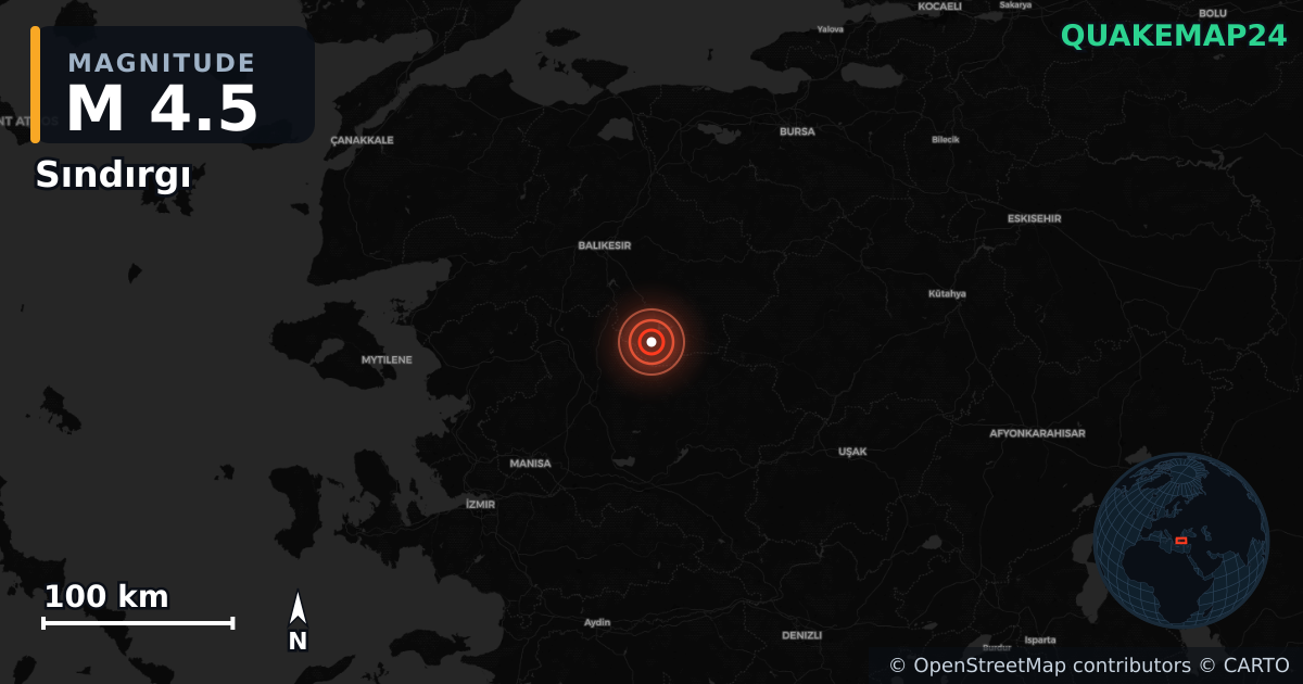 M4.5 earthquake near Sındırgı on Sep 22, 2025 — map of epicenter and shaking intensity | QuakeMap24