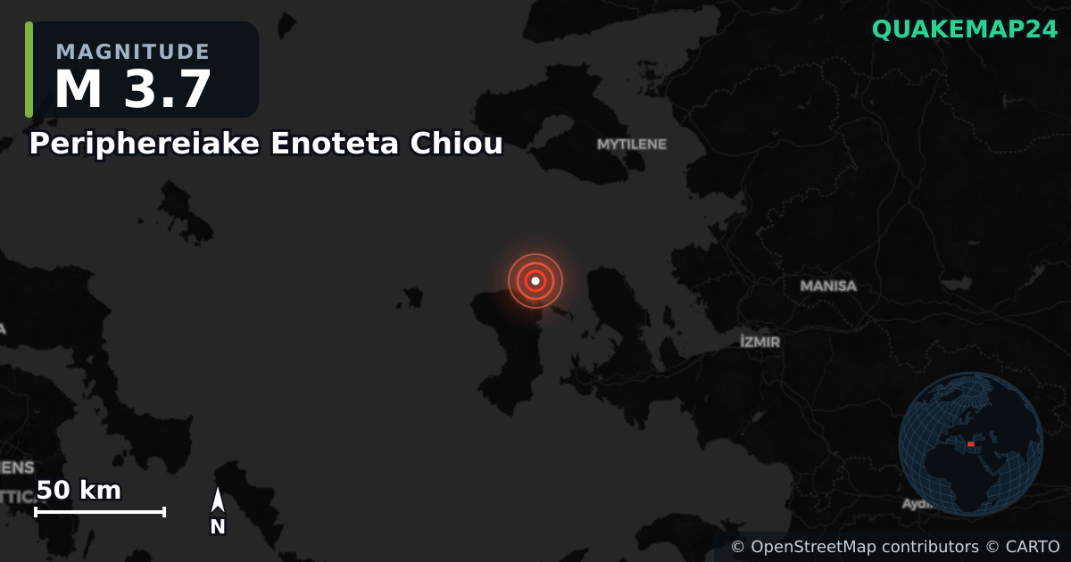 M3.7 earthquake near Periphereiake Enoteta Chiou on Oct 1, 2025 — map of epicenter and shaking intensity | QuakeMap24