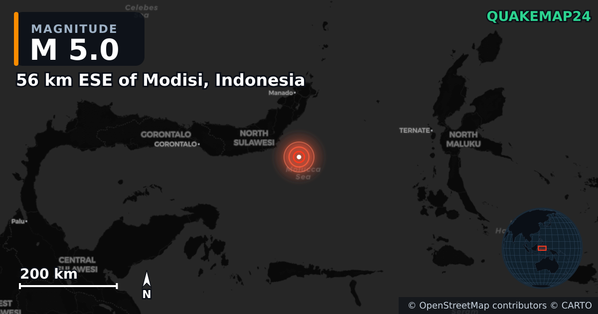 M5.0 earthquake near 56 km ESE of Modisi, Indonesia on Feb 26, 2025 — map of epicenter and shaking intensity | QuakeMap24