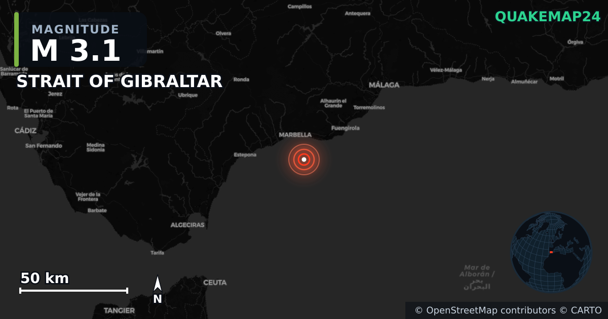 M3.1 earthquake near STRAIT OF GIBRALTAR on Nov 27, 2025 — map of epicenter and shaking intensity | QuakeMap24
