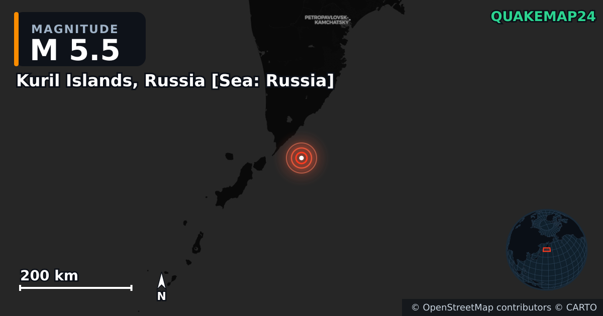 M5.5 earthquake near Kuril Islands, Russia [Sea: Russia] on Aug 23, 2025 — map of epicenter and shaking intensity | QuakeMap24