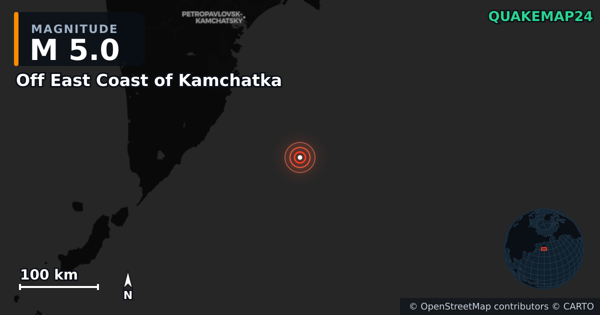 M5.0 earthquake near Off East Coast of Kamchatka on Sep 24, 2025 — map of epicenter and shaking intensity | QuakeMap24